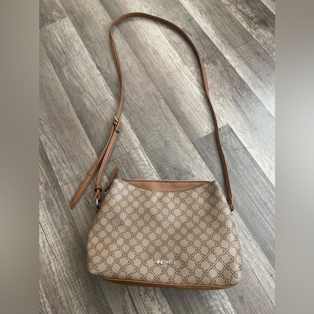 Nine West vintage Y2K monogram crossbody bag tan brown classy preppy boho